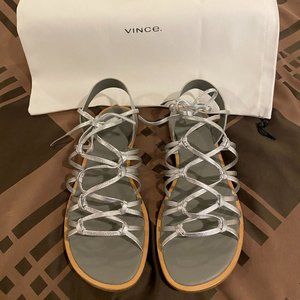 Vince Palmera Silver Leather Lace Up Sandals, 6